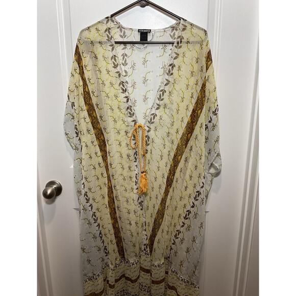 Women’s Sheer Kimono Steve Madden Boho Peasant Yellow Brown Tie One Size Floral - Picture 1 of 7